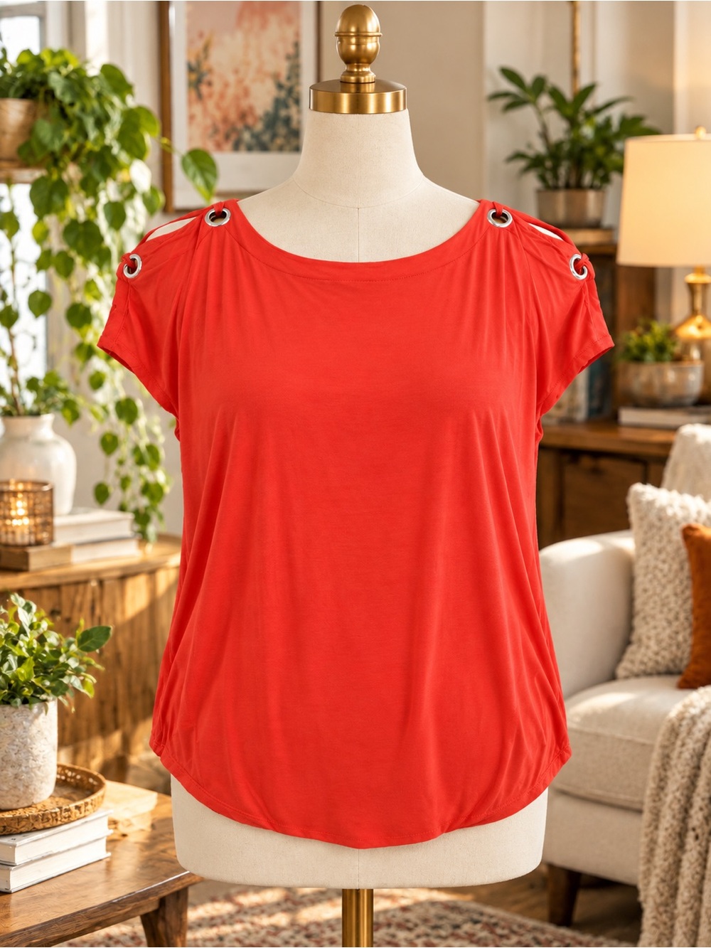 Cable & Gauge Red Short Sleeve Grommet Shoulder Top